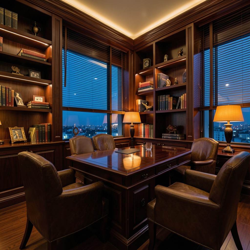 Quiet Bangkok office interior with dark wood furniture and soft evening light for reporting work