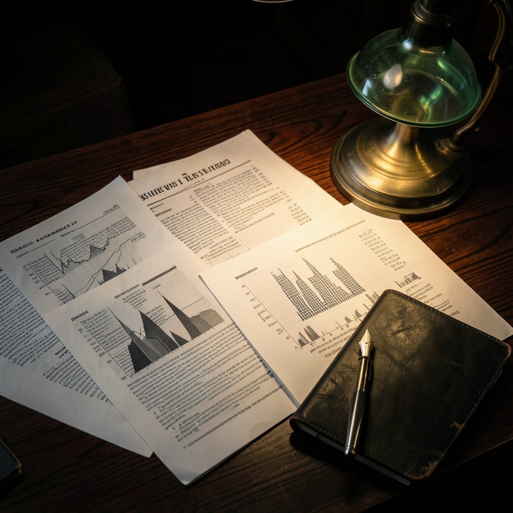 Printed clinic performance briefing pages on a dark wood desk under warm lamp light